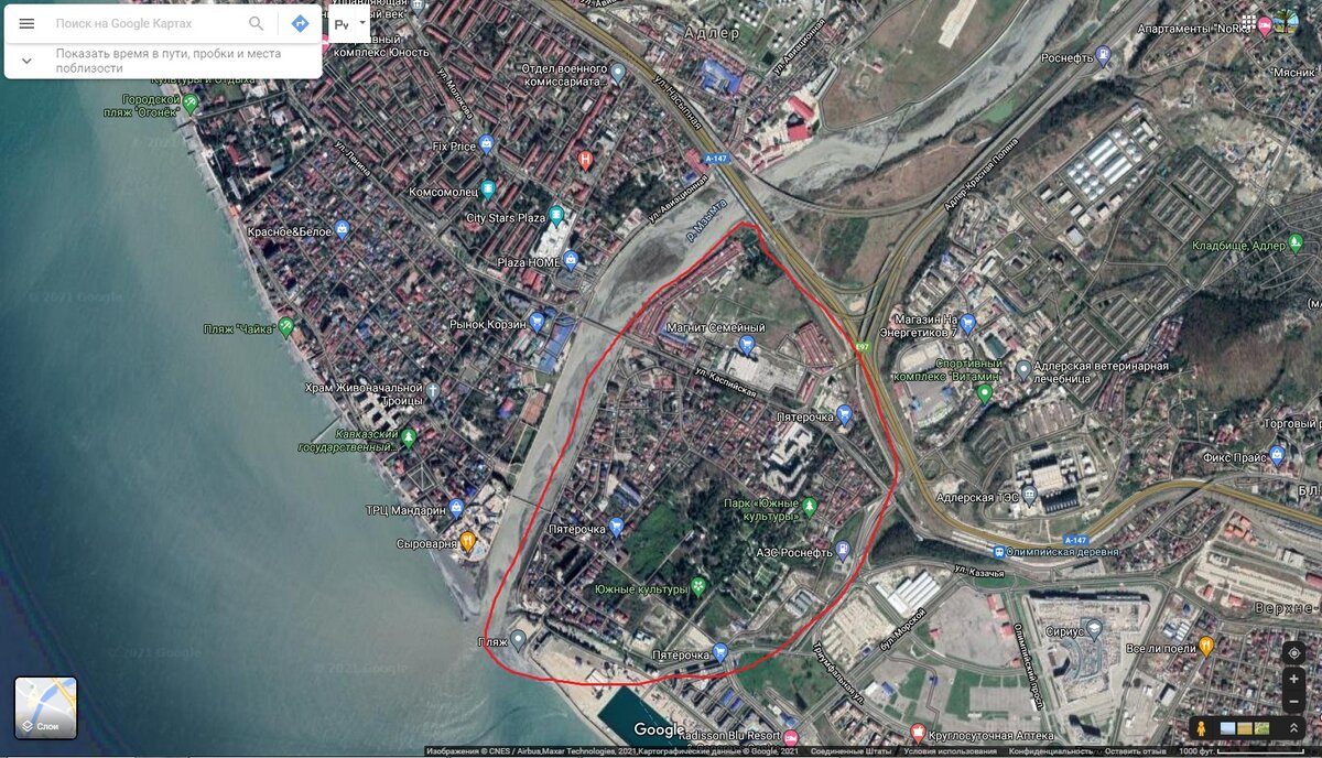 Заречный район Адлера. Скриншот с карты.