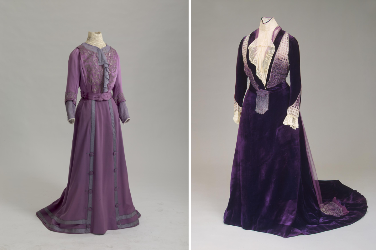 Слева - костюм вдовствующей императрицы Марии Федоровны, 1908-10, справа - её вечернее платье от дома Ворта, 1900. (с) Из коллекции Государственного Эрмитажа