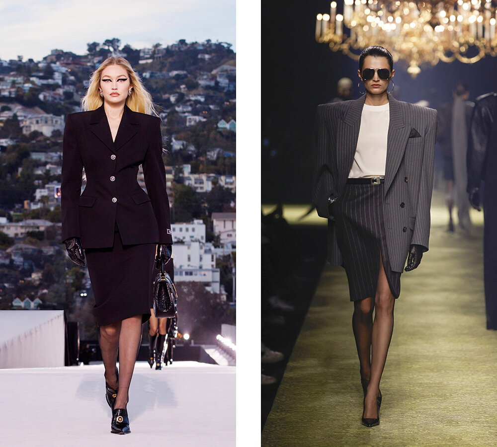 Слева: костюм в показе Versace осень-зима 2023-2024. Справа: образ в духе 80-х в показе Saint Laurent.