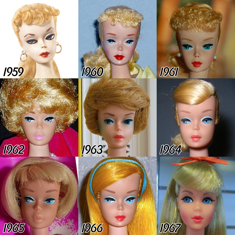 Барби год выпуска. Как менялась Барби 1959-2020. Эволюция кукол Барби с 1959. Первая кукла Барби 1959. Маттел Barbie куклы 1965.