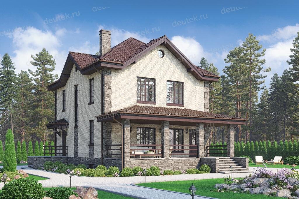 Проект двухэтажного кирпичного дома с террасой в Европейском стиле - DTA10004