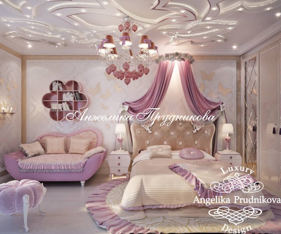 Подвесной потолок с подсветкой в интерьере детской для девочки