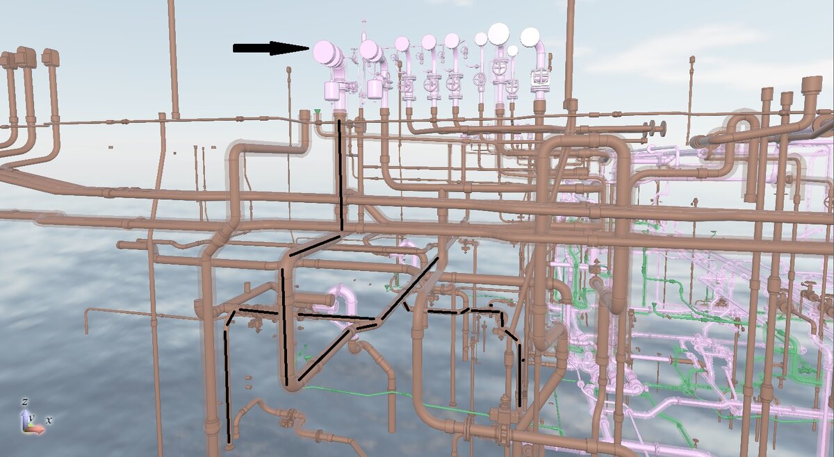 Стрелкой указан пост с приёмом тяжелого топлива. Далее черными линиями указан путь топлива. Так же в галерее: отстойная цистерна, модель сепаратора и главного двигателя.