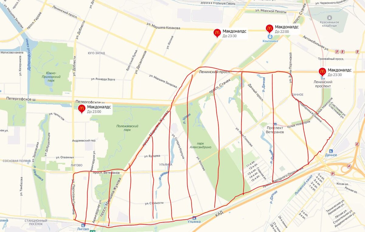 Макдак на Петергофском открылся в 2017 году (а в Жемчужине, кажется, в 2016). До этого ни одного ресторане сети западнее Ленинского проспекта не было.