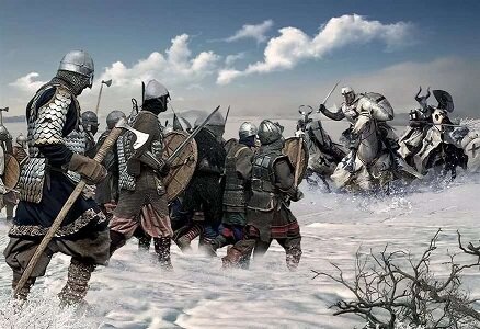 Атака тяжёлой рыцарской конницы. Во главе "клина" находятся самые знатные " старшие братья" Ливонского ордена, а также рыцарские братья-добровольцы из Тевтонского ордена