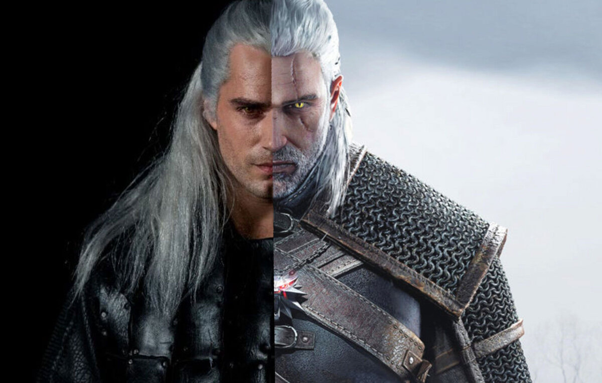 Ведьмак Геральт в исполнении Генри Кавилла и из игры The Witcher.