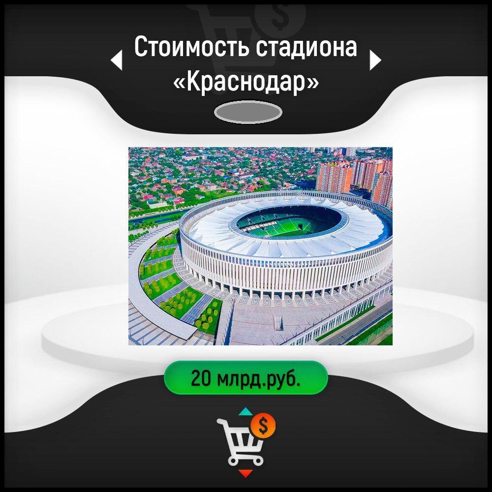 А ВЫ Знали, что Стадион Краснодар это футбольный стадион, использующийся одноименной футбольной командой. Владельцем и основным инвестором объекта является Сергей Галицкий (бизнесмен и меценат). 
Стоимость стадиона по заявлению Сергея Галицкого: 20 миллиардов рублей;
В долларах эквивалентно 320 миллионов долларов
Вместимость: 33 тысячи зрителей;
Стоимость одного посадочного места: 9,5 тысяч $.

Данный спортивный комплекс отвечает всем мировым стандартам. Он способен принять любые матчи, в том числе под эгидой UEFA и FIFA.