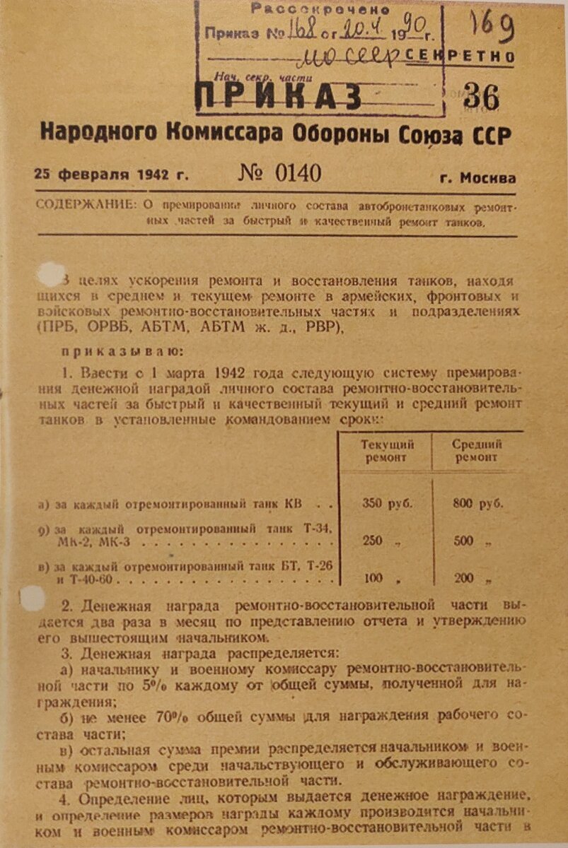 Приказ НКО СССР "О премировании личного состава автобронетанковых ремонтных частей за быстрый и качественный ремонт танков", 1942 год. 

