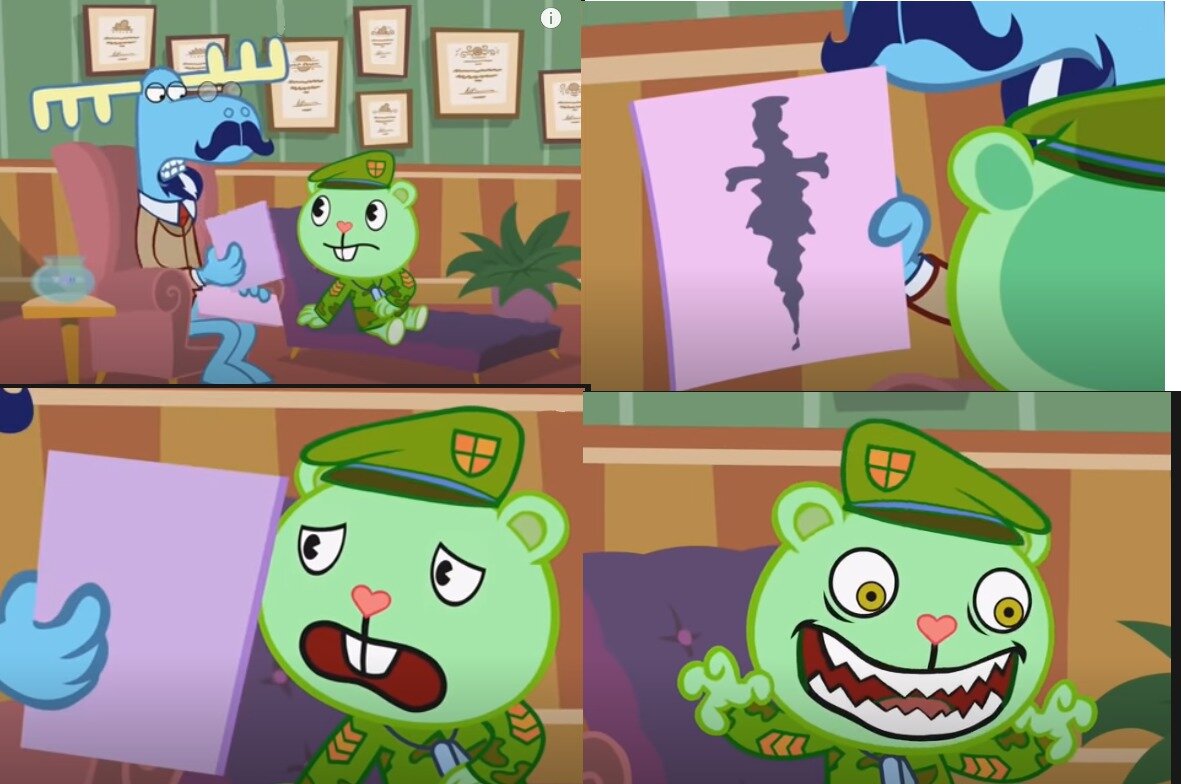 Это обычная пикча состоящяя из кадров мультфильма (Happy Tree Frends(16+)) .обычно доставляют всякие жизненные и неочень фразы,надписи мем не очень популярен.