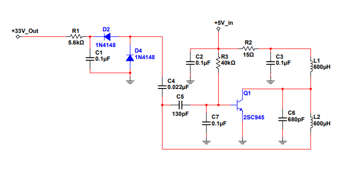 Рисунок 1. Принципиальная схема преобразователя напряжения 5В в 33В.