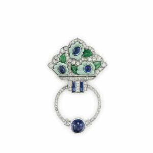 Брошь Van Cleef & Arpels Art Deco с изумрудами, сапфирами и бриллиантами, 1925 год.