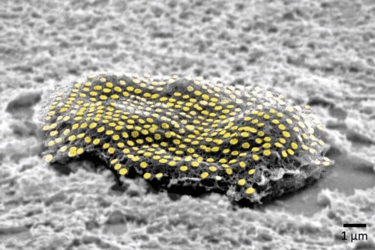    Золотая микросхема на поверхности фибробласта / ©Kam Sang Kwok, Soo Jin Choi, Gracias Lab, Johns Hopkins University