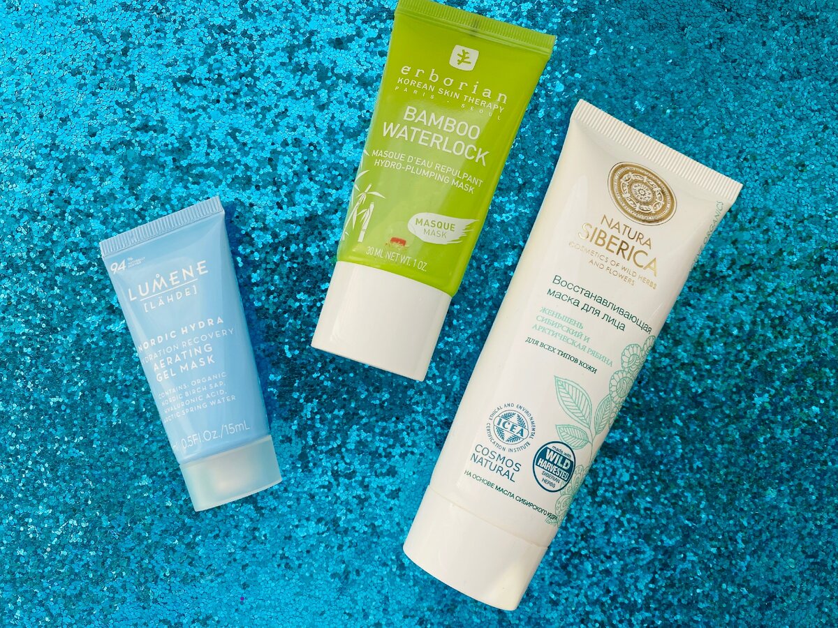 Lumene [Lahde] Nordic Hydra Aerating Gel Mask, Erborian Bamboo Waterlock Hydro-Plumping Mask, Natura Siberica Восстанавливающая маска для лица