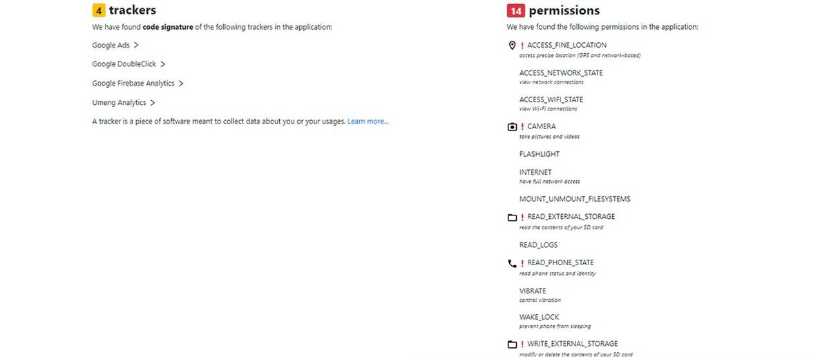 Восклицательными знаками отмечены потенциально опасные разрешения: логичный для приложения доступ к камере и памяти устройства и более сомнительный доступ к местоположению и информации о телефоне