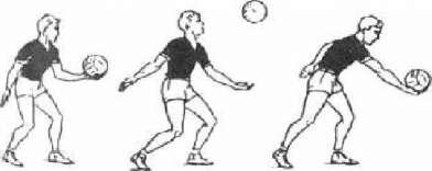 Нижняя прямая подача. Здесь удар по мячу наносят ниже оси плечевого сустава, когда игрок стоит лицом (прямо) к сетке. Подбрасывают мяч на высоту до 0,5 м впереди над головой. Замах выполняют назад и несколько вверх в плоскости, перпендикулярной опоре. Удар осуществляют маховым движением правой рукой сзади-вниз-вперед на уровне пояса и наносят по мячу снизу-сзади. После удара руку вытягивают в направлении подачи и затем фиксируют в таком положении (см. рис. 1)