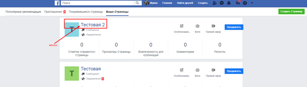 в открывшемся окне выбираем необходимую страницу, у меня их несколько, у вас может быть одна, переходим на нее