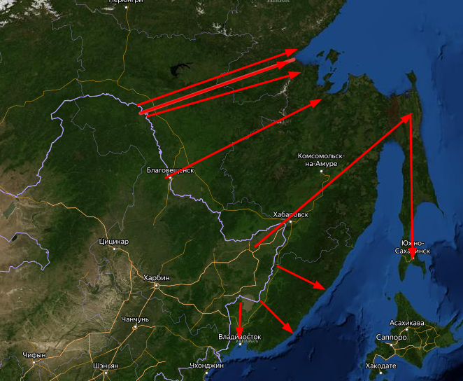 Расстояние между китайской границей и Охотским морем чуть более 600км, что позволит преодолеть его за сутки  марша на технике