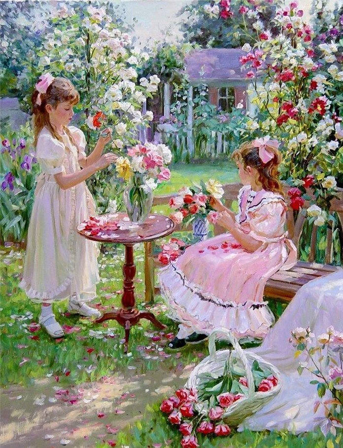 Аверин А.Н., «Две девочки, составляющие букеты цветов в саду»