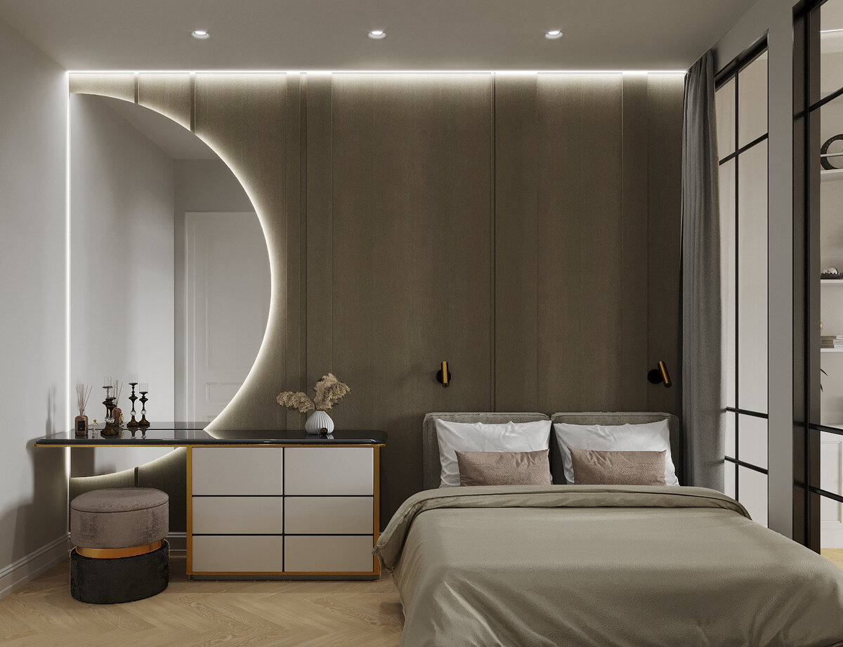 Интерьер спальни с деревянной стеновой панелью