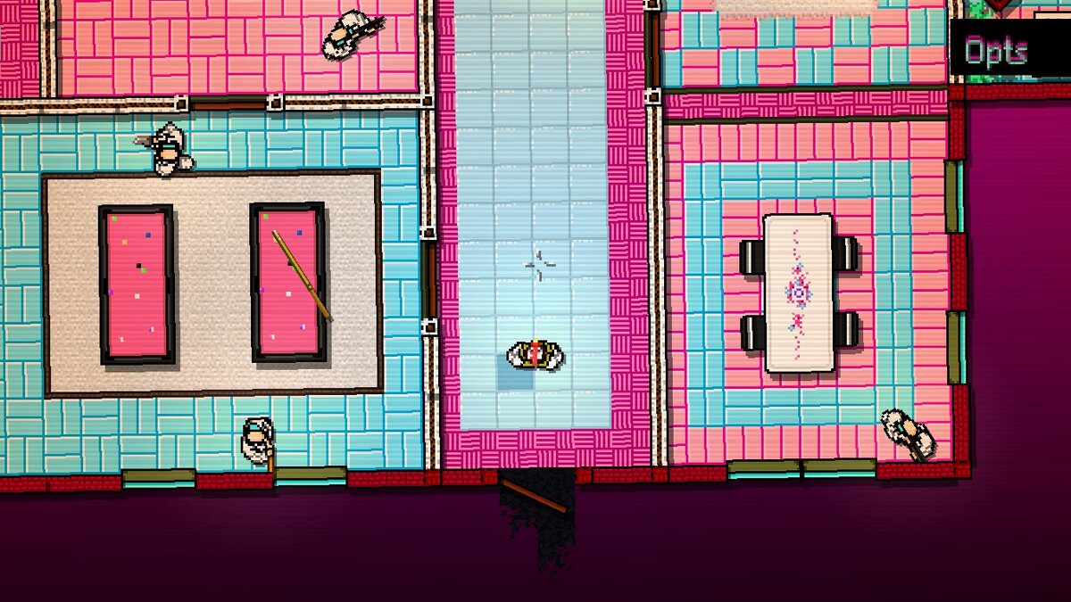 Скриншот сделан в игре "Hotline Miami"/ Начало одного из уровней игры 