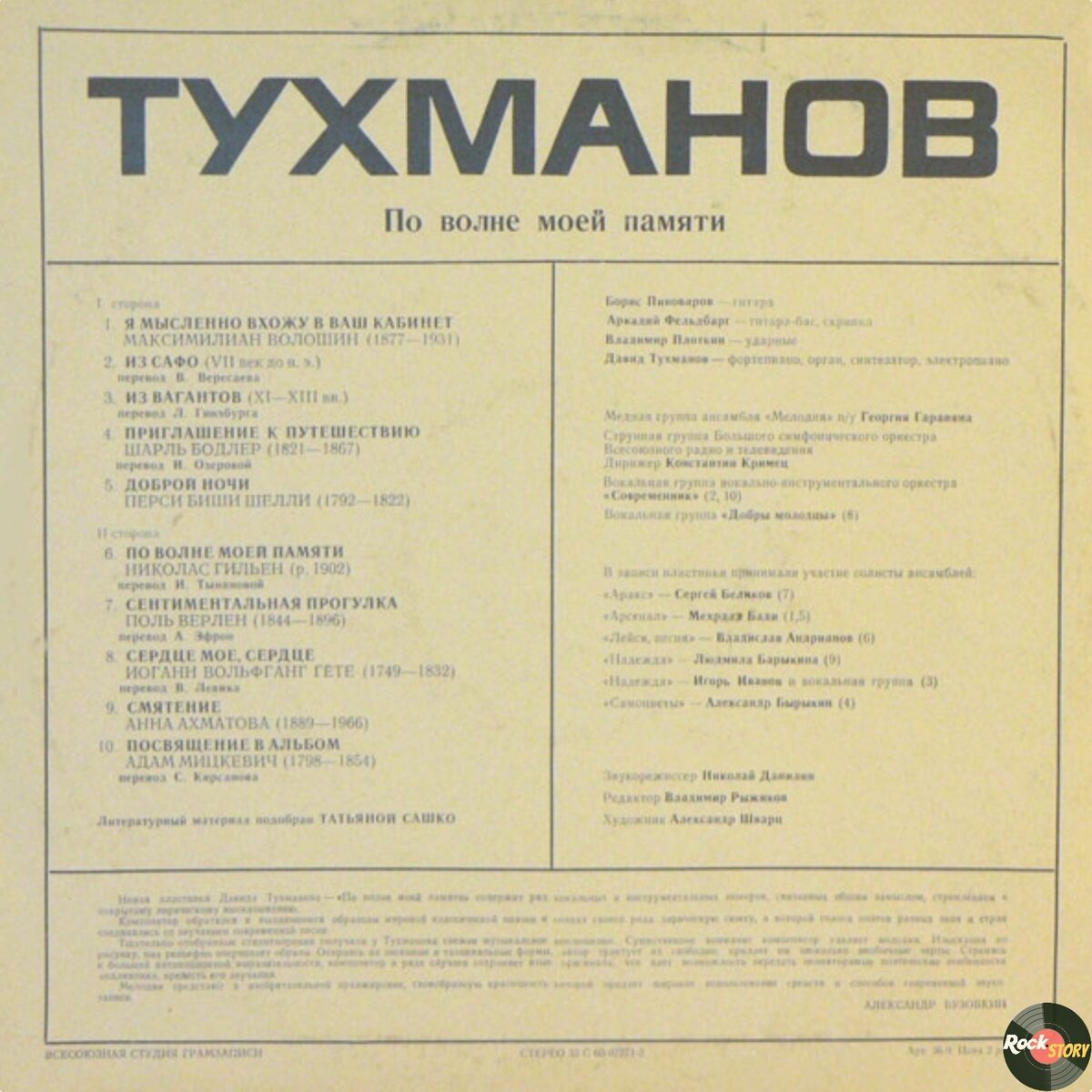 На фотографии: обратная сторона обложки винилового издания альбома  "По волне моей памяти"
