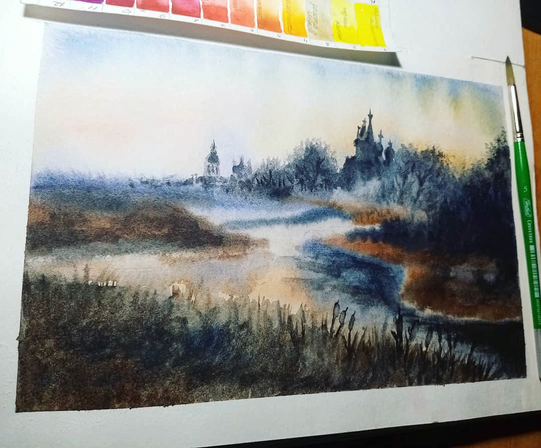 Небо волнами - пример тонкой бумаги, для техники по сырому она плохо подходит и мое небо " потекло" из за шторма на бумаге. #веснедорогу2021 