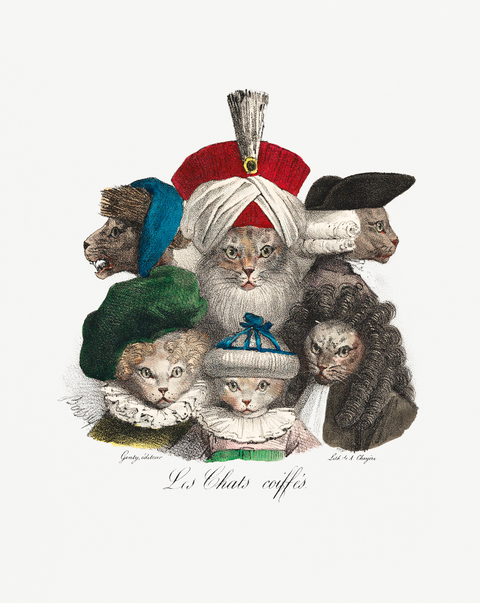 Les Chats Coiffés (ca. 1825) lithographed by A. Cheyère