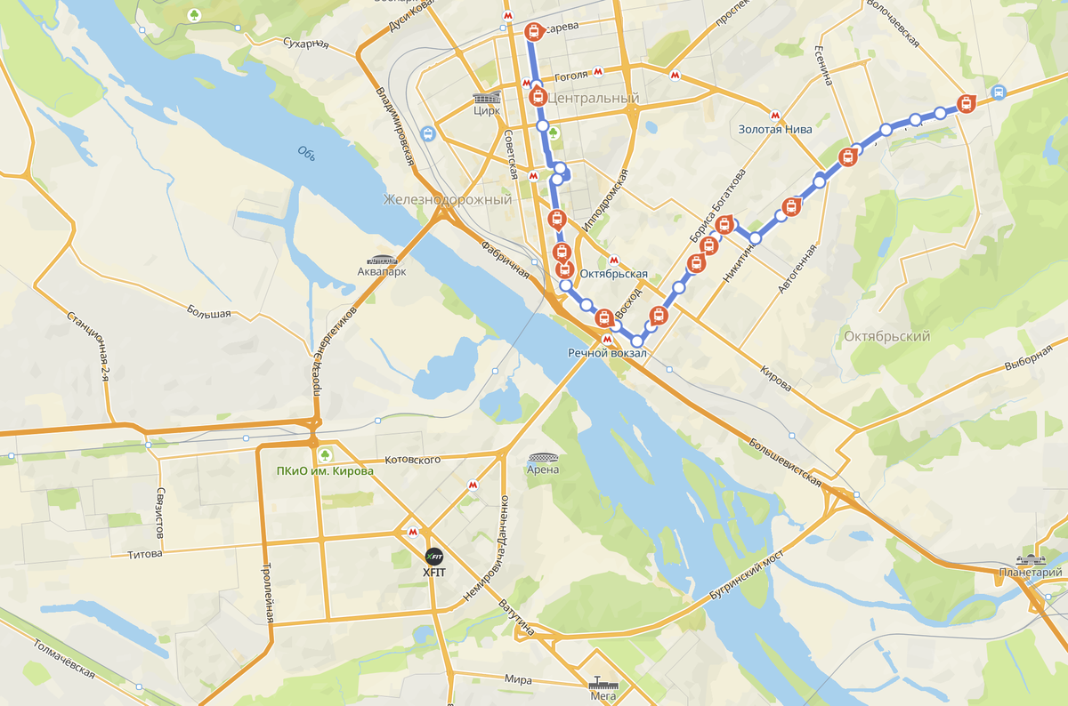 скринтшот из 2GIS. Новосибирск, трамвайный маршрут № 13