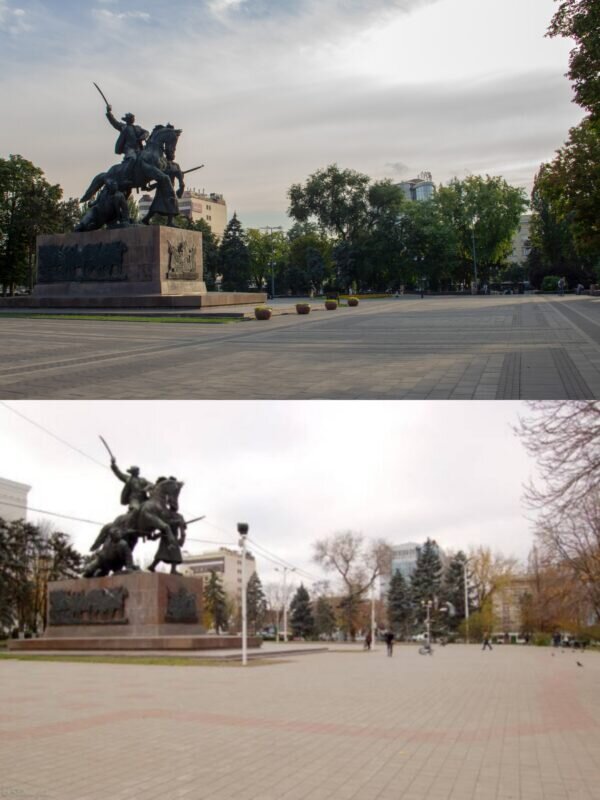    Памятник Первоконникам был открыт 30 апреля 1972 года. На фотографиях он запечатлен в начале 2010-х и в 2023 году   
// фото: Владислава Попова, rostovbereg.ru