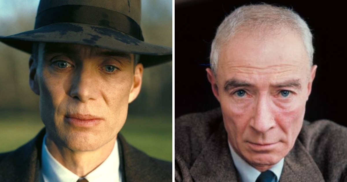 слева - Киллиан Мерфи в роли Оппенгеймера, справа фото Роберта Оппенгеймера