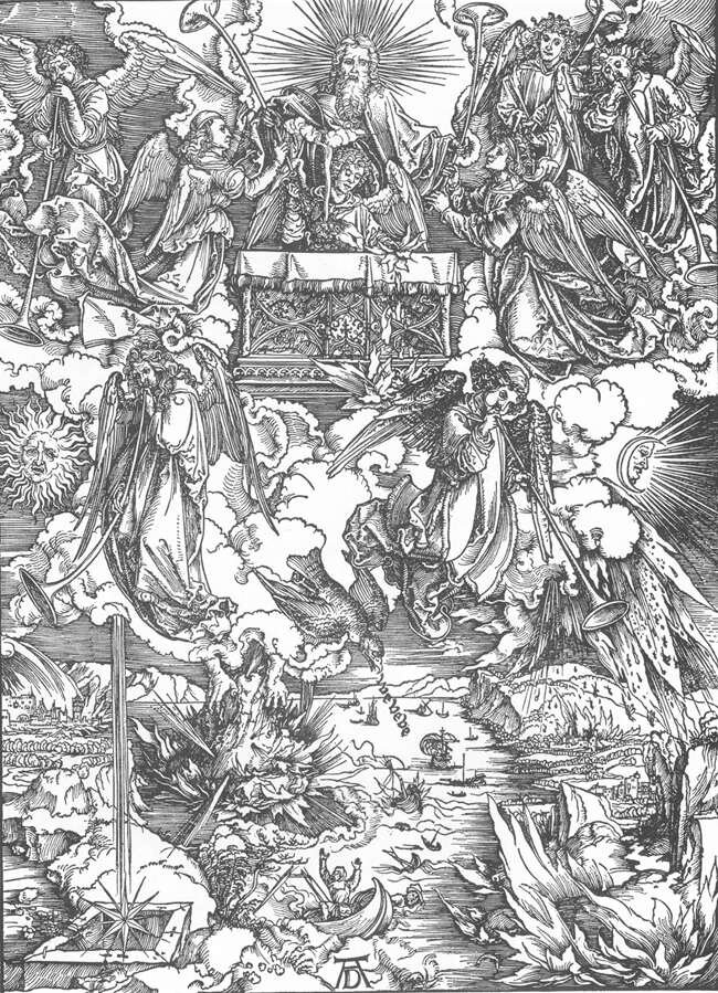 Альбрехт Дюрер. Апокалипсис. Трубный глас. 1497-98. Гравюра на дереве. 39 x 28 мм. Художественный музей. Карлсруэ. Германия.