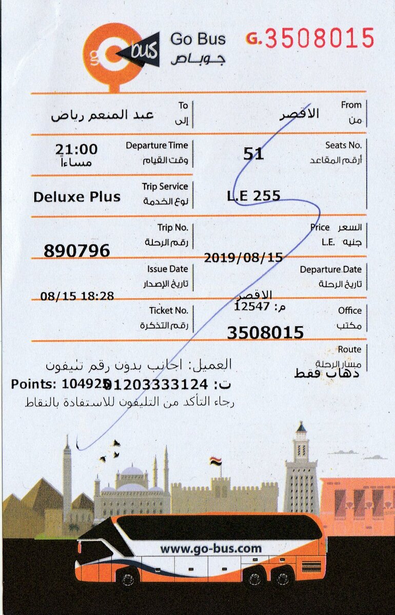 Так выглядит билет компании Go Bus. Из Луксора в Каир. Стоимость 255 фунтов (1020 рублей) - расстояние 500 километров. Фото автора