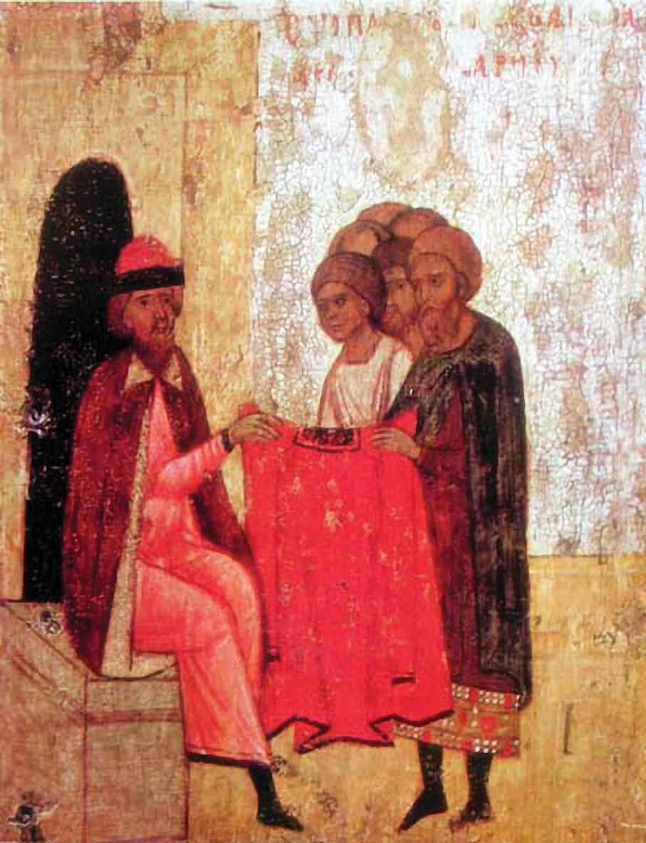 Святополк одаривает убийц (клеймо иконы Борис и Глеб, с житием. XIVв. ГТГ)