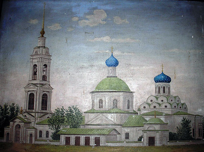 Архитектурный ансамбль Покровской церкви. Картина неизвестного художника.  Фото из архива церкви. На переднем плане Богоявленский храм с колокольней. На заднем плане видна Покровская церковь.
