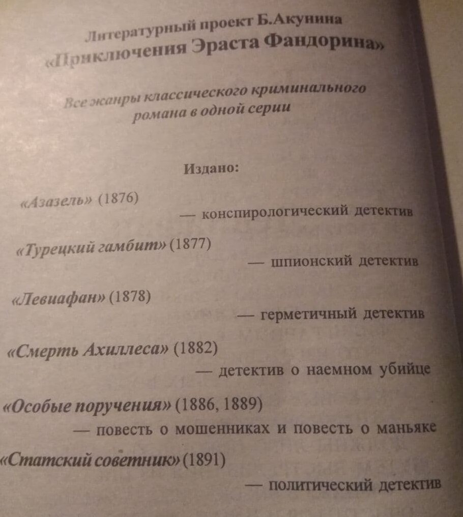 Пример видов детектива Б. Акунина. На данный момент издано больше книг. 