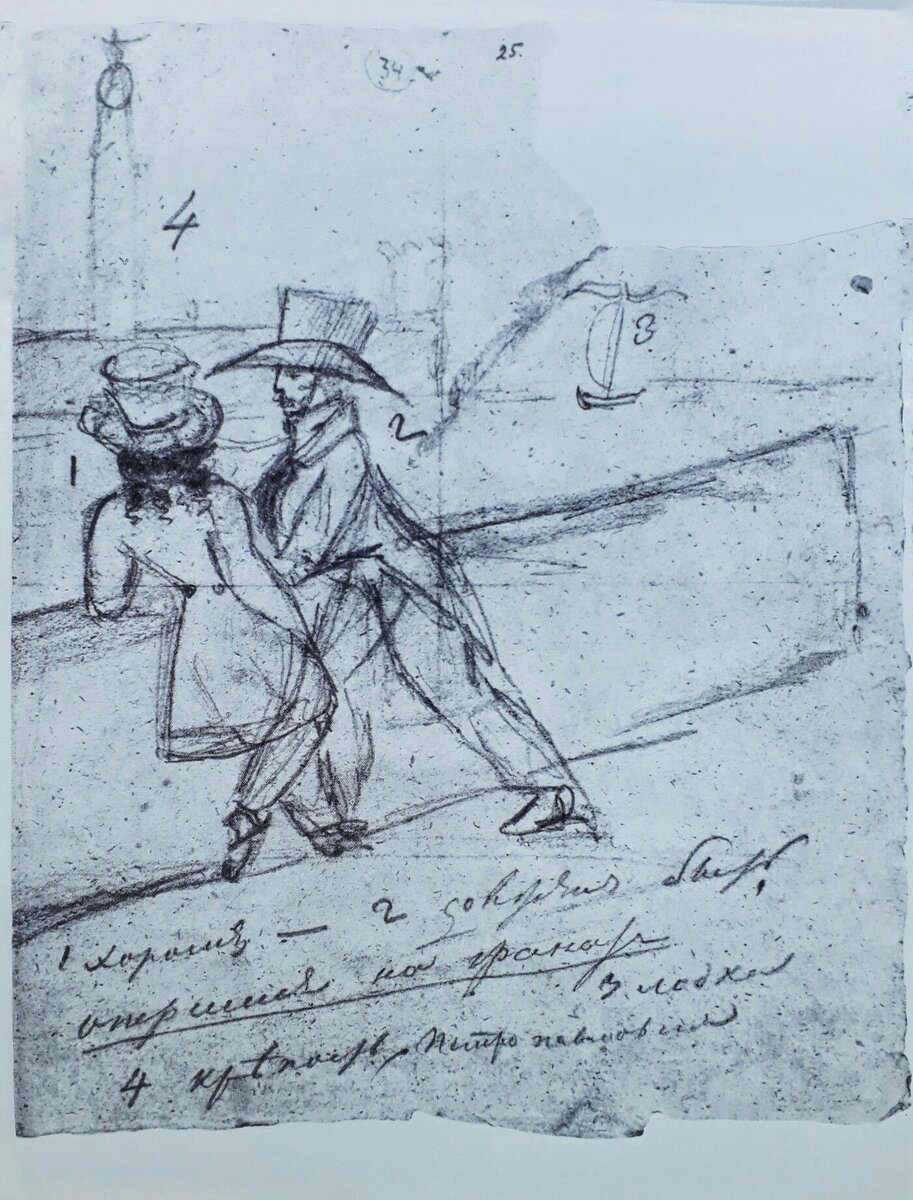 Пушкин и Онегин в шляпах-боливарах на набережной Невы (рисунок Пушкина)