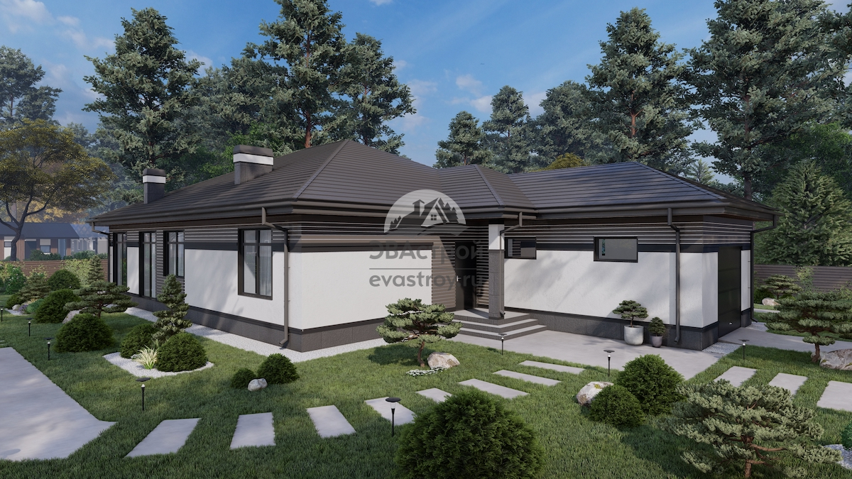 Проект одноэтажного дома 171 м2 с гаражом, кабинетом и террасой - 108-21