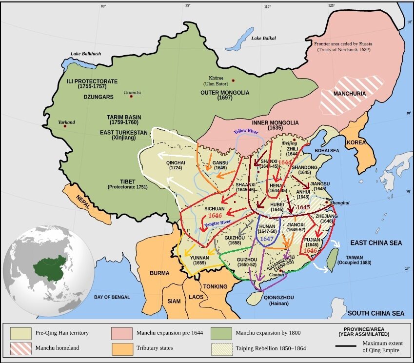 Fig. 2. 1635-1659 Qing Empire. Manchurian conquest of China. Directions of strikes.