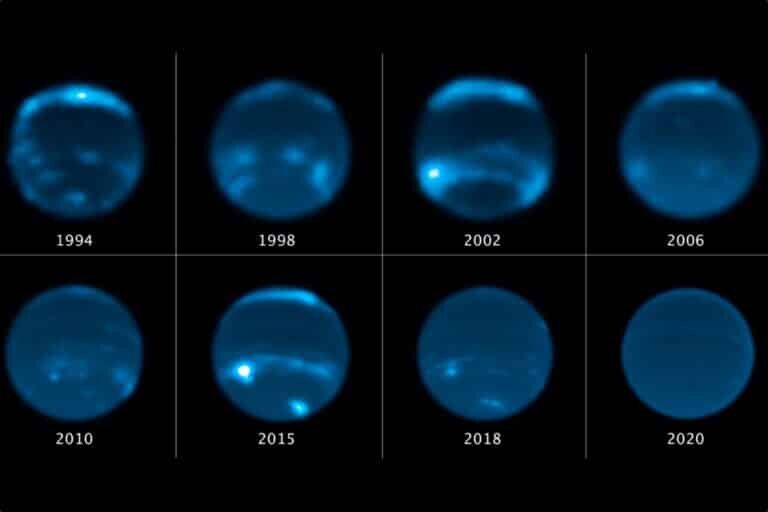    Телескоп Hubble следит за Нептуном уже больше четверти века; на фоне планеты выделяются светлые облака / ©NASA, ESA, Erandi Chavez (UC Berkeley), Imke de Pater (UC Berkeley)