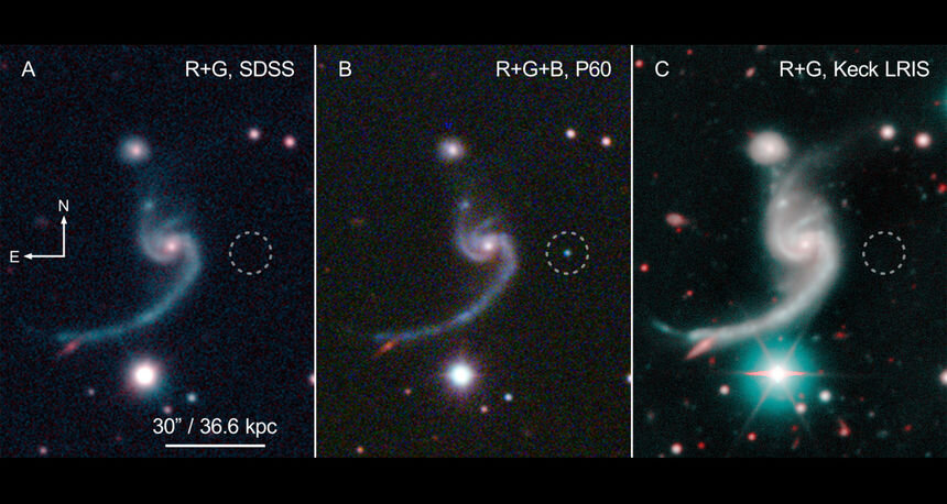 Три изображения Цвикки, сделанные с разных телескопов ©SDSS/Caltech/Keck/De et al.