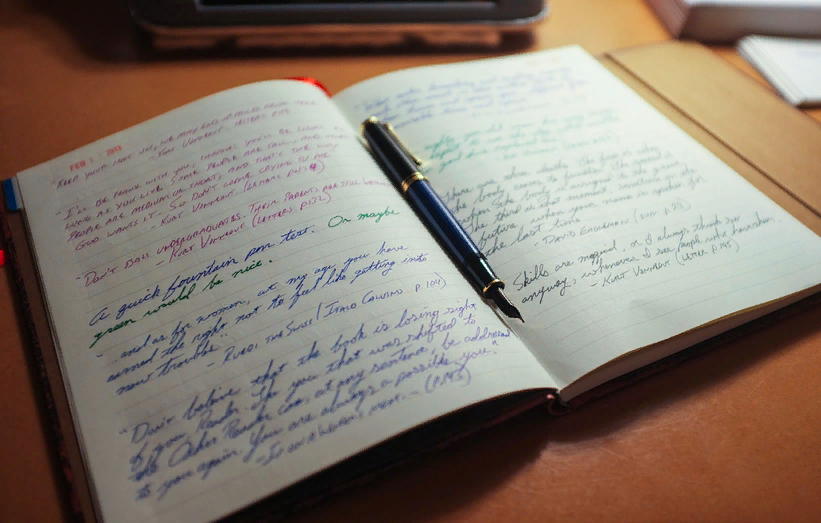 День из жизни дневника. Ведение дневника. Блокнот для записей. Записывать идеи. Раскрытый блокнот с записями.