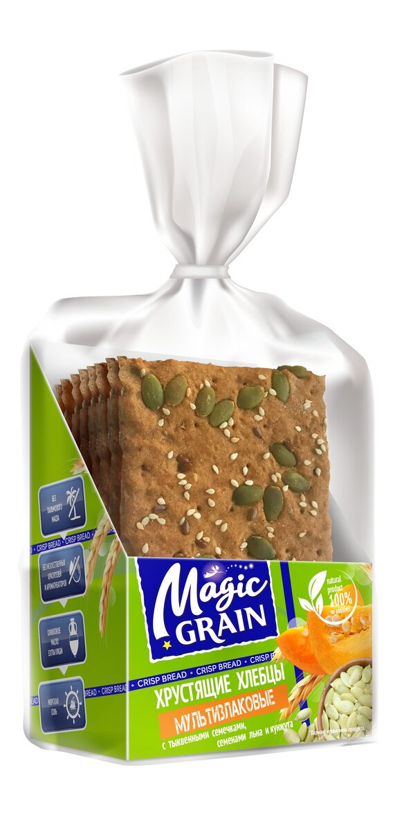 Хлебцы Magic Grain "Мультизлаковые" с тыквенными семечками, семенами льна и кунжута, 160 г