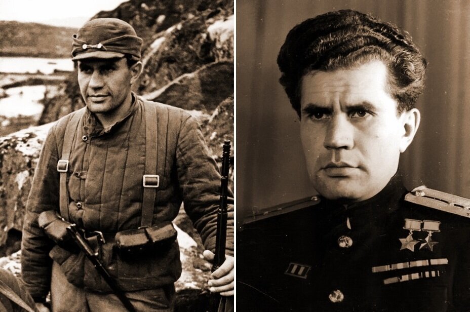 Слева разведчик Северного флота Виктор Леонов в 1942 году, справа капитан-лейтенант Леонов после окончания войны