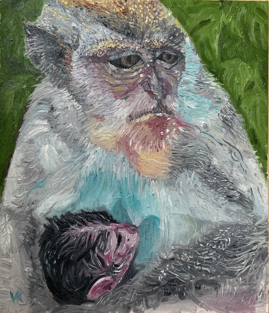 Картина "Грустная обезьяна-мать кормит грудью", масло на холсте 30Х35, 2020. Художник: Владимир Кири. Фото автора.