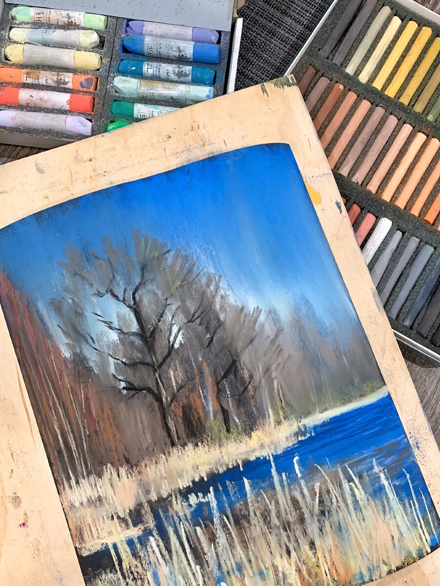 Дубы на Долгих прудах. Наждачная бумага, сухая пастель, 21х27 см