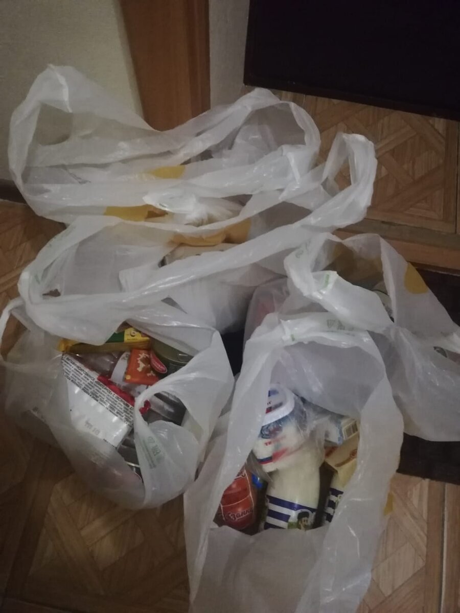 Продукты разложены по четырем пакетам)