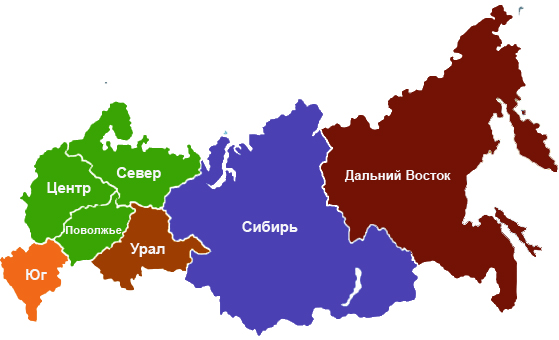 Расположение на карте России Сибири и Дальнего Востока.