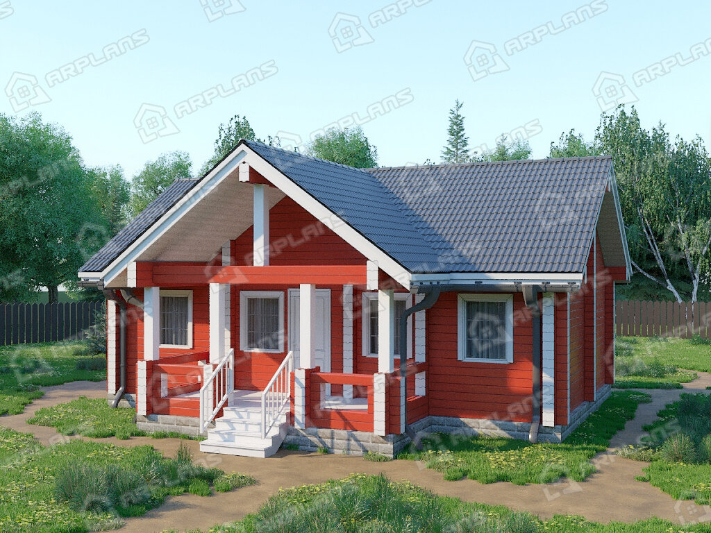Фото 1 одноэтажного дома из бруса с 2 спальней и террасой. 50 кв м. Источник arplans.ru Проект ДС-071