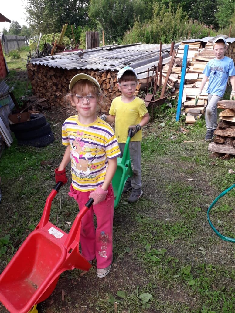 Помогаем бабушке Тане возить дрова.