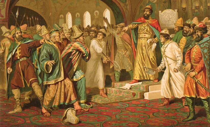 Иван III разрывает ханскую грамоту, картина художника Н. Шустова, 1862 г